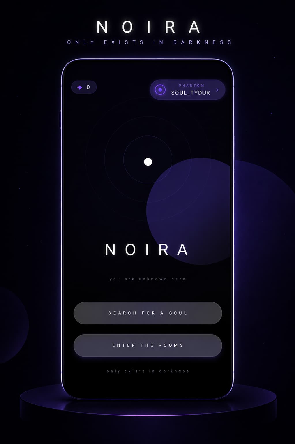 NOIRA welcome screen — search for a soul or enter the rooms